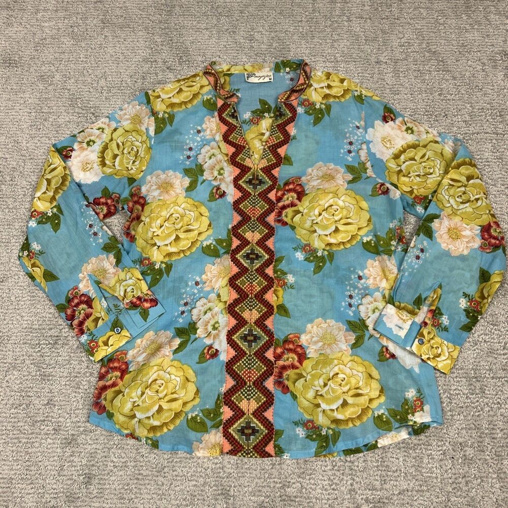 Magazine Top Womens Medium Blue Yellow Floral Embroidered Boho Lightweight